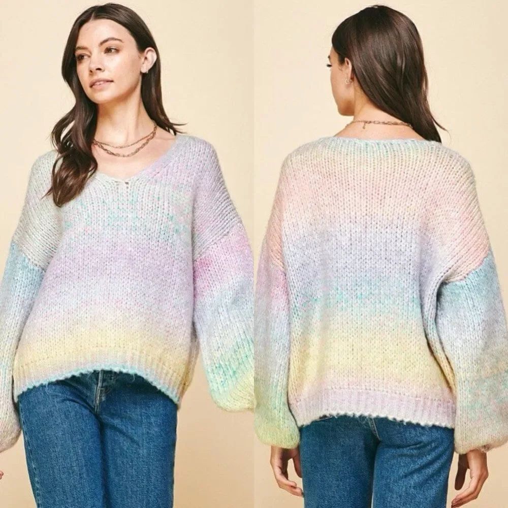 PINCH Pastel Rainbow Wool Blend Balloon Sleeves Oversized Sweater Sz S Boho Cozy